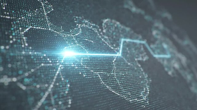 Network connections and data streams visualized on a digital map showcasing global communication links and information exchange pathways in a futuristic abstract representation