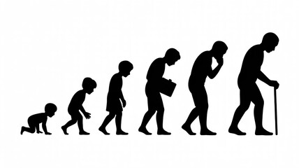 Fototapeta premium A Set of Seven Black Silhouette Icons Illustrating the Human Life Stages from Baby to Elderly Person