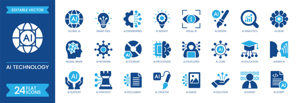 AI technology flat icon set. Containing artificial intelligence, machine learning, algorithm, neural, network, automation, innovation, digital, smart city and more. Solid vector icons collection