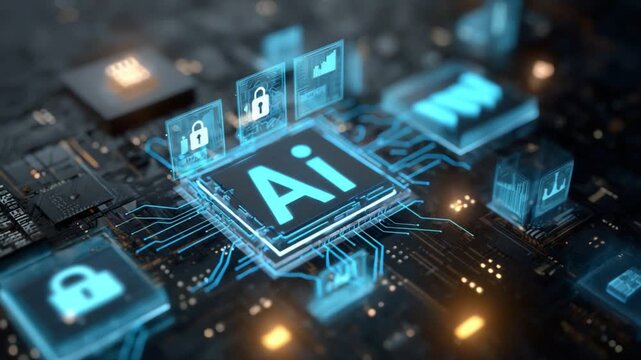 A close-up of a high-tech circuit board featuring AI components. The blue glowing graphics symbolize innovation and the advancement of artificial intelligence in modern technology.