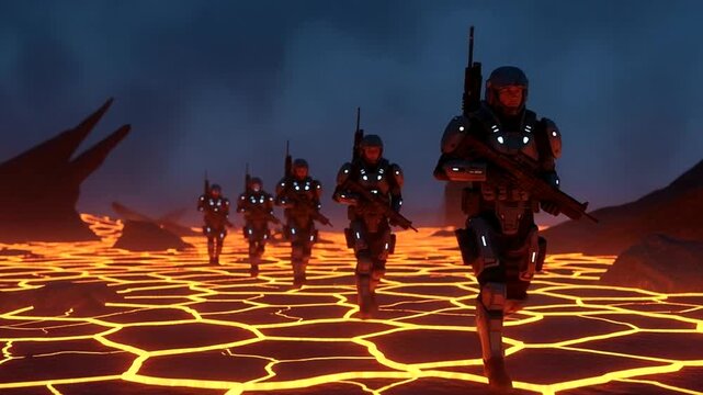 Futuristic soldiers march across a glowing alien landscape.