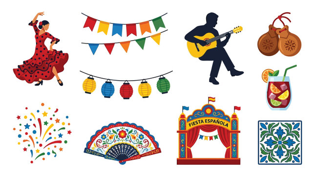A vibrant collection of Spanish cultural icons, including flamenco dancers, musicians, festive decorations, and traditional symbols, celebrating Hispanic heritage and fiesta.