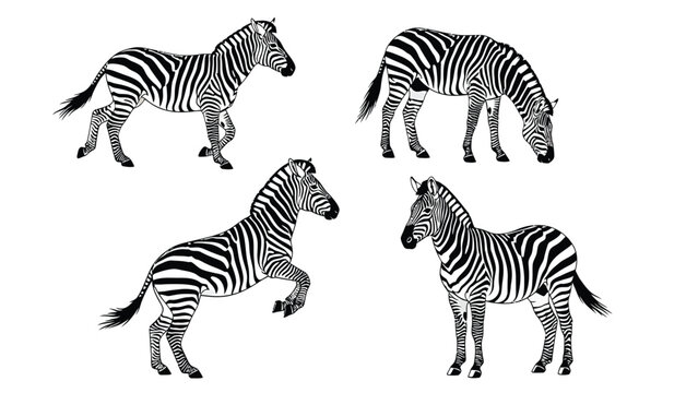 Black and White Zebra Illustrations Set: Walking, Grazing, Rearing, and Standing Poses