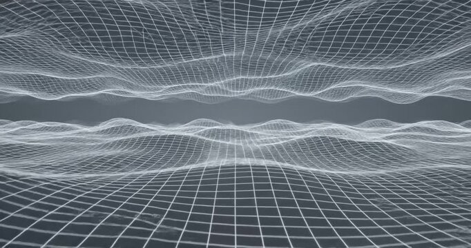 Abstract representation of waves and grids creating a dynamic visual effect in a digital space