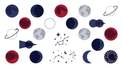 A vibrant collection of celestial bodies and astronomical illustrations, including planets, moons, constellations, and spacecraft, rendered in a stylized, graphic art style. © tr