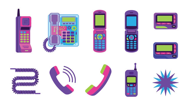 Collection of vintage and modern communication devices, including cell phones, landlines, and pagers.