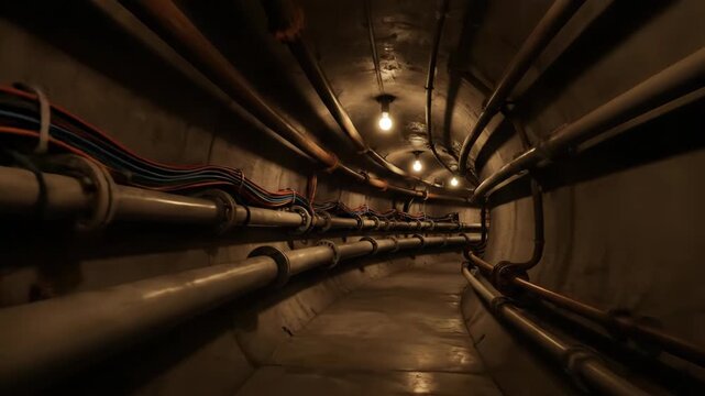Journey through a dimly lit, curved underground tunnel. Numerous pipes and wires line the concrete walls.