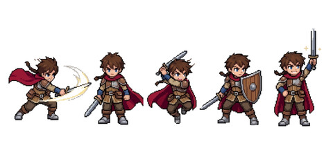 pixel art character spritesheet featuring a brave male warrior in brown armor and red cape. © Raka Firdaus 