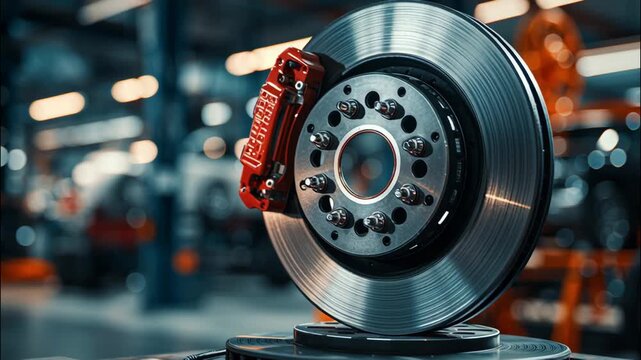 Automotive disc brake with red caliper in workshop setting  