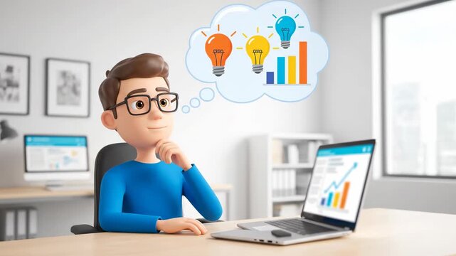 Animated man deep in thought at his desk, visualizing innovative ideas and business growth with a laptop and lightbulbs.