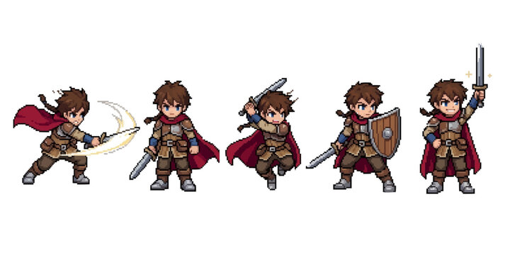 pixel art character spritesheet featuring a brave male warrior in brown armor and red cape.