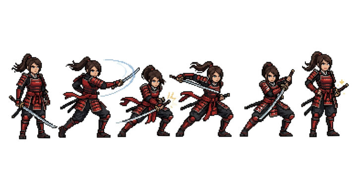 pixel art character design of a female samurai in red plated armor wielding a katana.