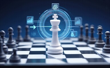 White chess king commands digital strategy surrounded by data and