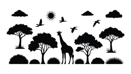 A giraffe and trees in the savannah with birds flying overhead isolated on white background, Vector © SILHUETTECHEMBER