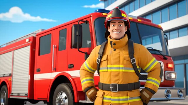 Firefighter Standing in Front of Fire Truck Professional Hero 3D Animation