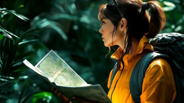 Young woman exploring nature with a map in hand