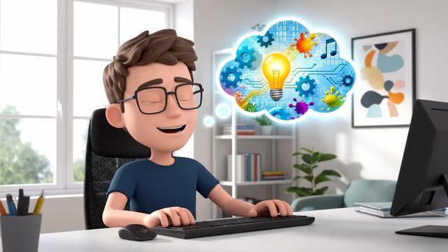 3D cartoon boy with glasses typing on computer in bright home office, imagining an idea with a lightbulb symbol