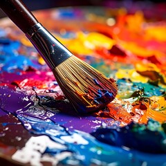Fototapeta premium A paintbrush lies in a vibrant palette of colors