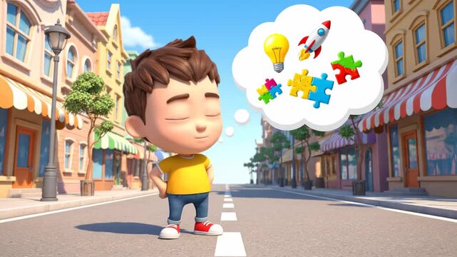 Confused cartoon boy standing on a sunny street, with an empty thought bubble above his head