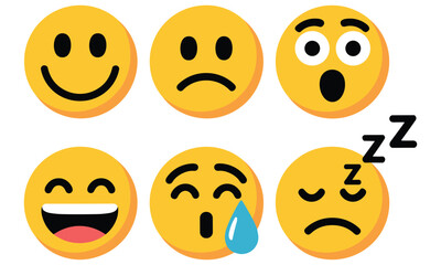 Fototapeta premium Collection of six emoticon faces showing various expressions emotions and feelings in a visually appealing arrangement for digital communication and social media use.