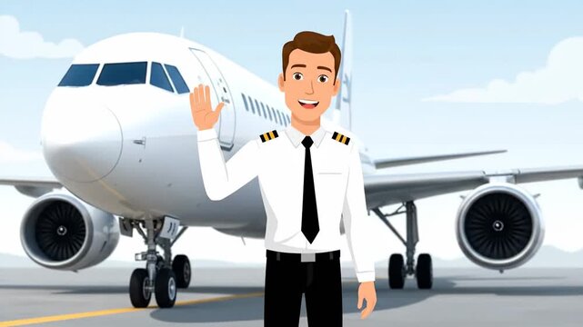 Professional Pilot Animation Standing by Commercial Jet
