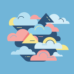 Geometric composition of clouds and shapes in pastel colors