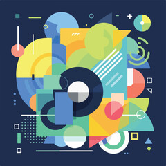 Obraz premium Geometric composition with shapes of various colors and forms on a navy background