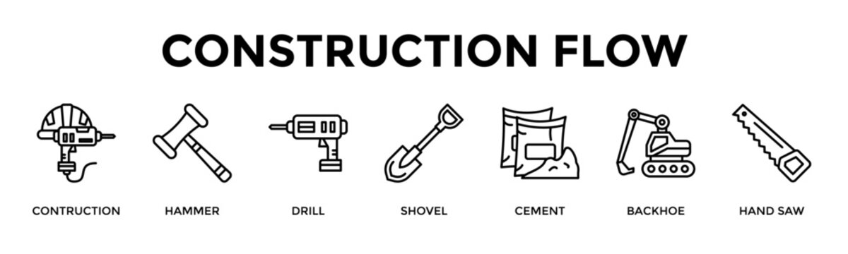 Construction Flow Banner Web Icon Set Vector Illustration Concept For Contruction, Hammer, Drill, Shovel, Cement, Backhoe, Hand Saw