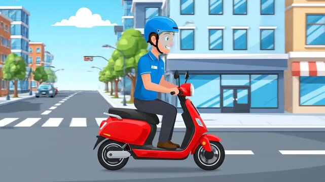 Animated Delivery Man Riding Scooter City Street Background