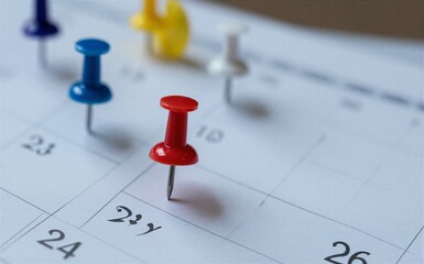 Red pin marks date on calendar surrounded by colorful pins indicating