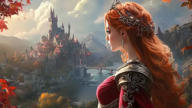 Fantasy Queen with Fiery Hair Gazes Over Majestic Castle Landscape.