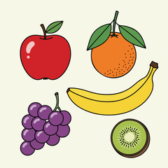 Illustration of five different fresh fruits with simple outlines and colors