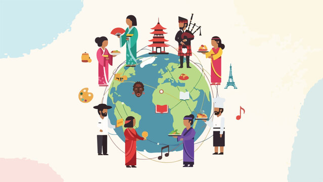Illustration of global diversity, encompassing cultures, food, and traditions around the globe