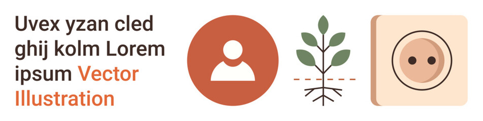 Business development, environmental sustainability, user connection, social growth, innovation, minimalist design. Graphic icons of person, seedling and face. Business development and environmental