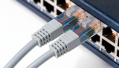 Two ethernet cables plugged into a network switch on white background