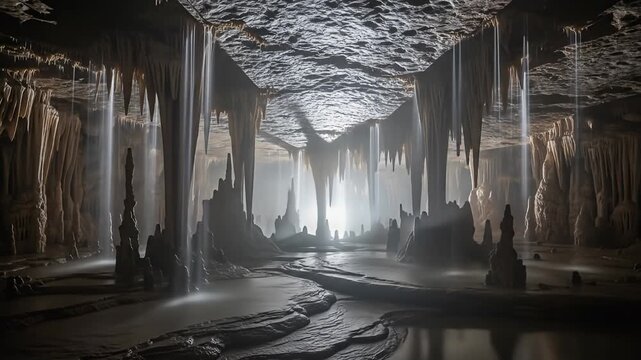 Intricate stalactites hang above a dark cave pool, with water and light shining through