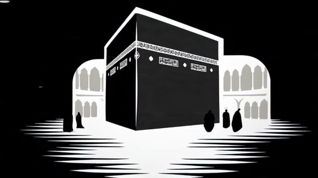 Kaaba Pilgrimage Islamic Holy Site Black and White Illustration