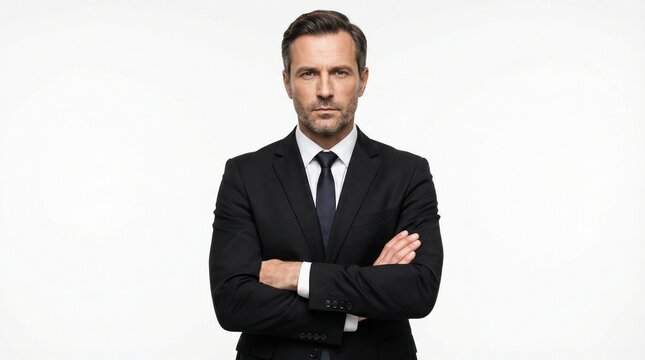 Confident Male CEO Standing with Arms Crossed Isolated on White