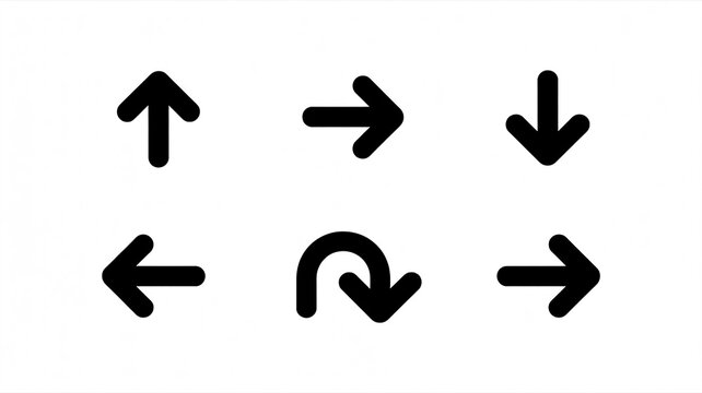 A Set of Six Black Arrow Icons Featuring Up, Right, Down, Left, and U Turn Navigation Symbols