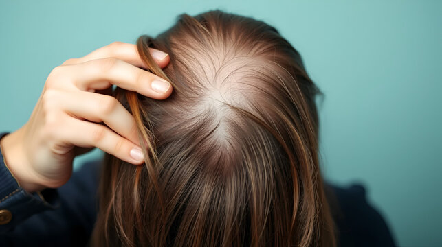 Telogen effluvium, the problem, hair loss and bald spot on a woman's head