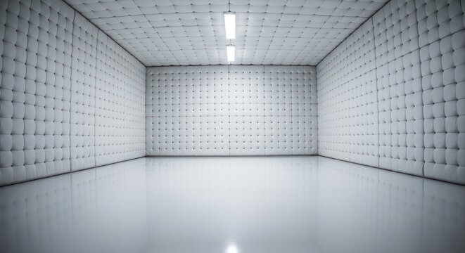 Sterile padded room of desolation: Emptiness and reflection, stark white walls portray unsettling