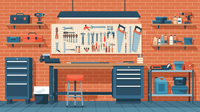 Organized home workshop with a wooden workbench, a pegboard filled with tools, and shelves containing various equipment and supplies.