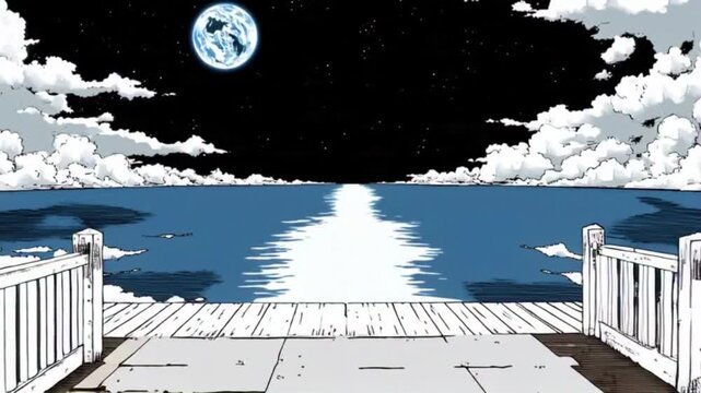 Moonlit Pier Over Ocean Night Sky Anime Illustration