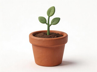 Fototapeta premium A small green plant is growing in a brown clay pot against a plain white background.
