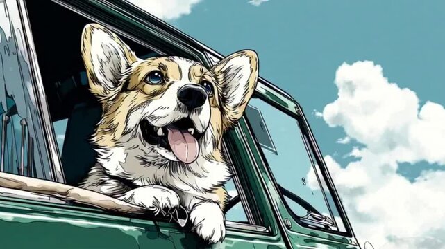 Happy Corgi Dog Looking Out Car Window on Sunny Day