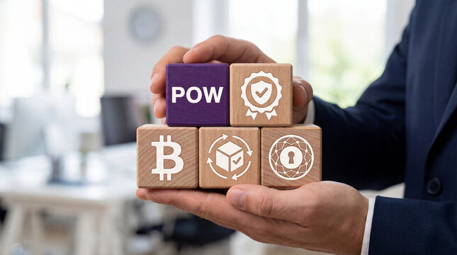 Concept of POW Proof Of Work. POW transaction computing blockchain algorithm. New POW