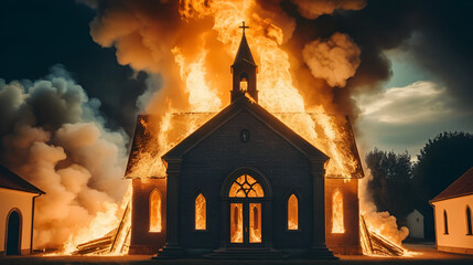 Church engulfed in flames Symbolic representation of religious conflict or persecution. Dramatic visual metaphor for faith under attack. Vintage effect