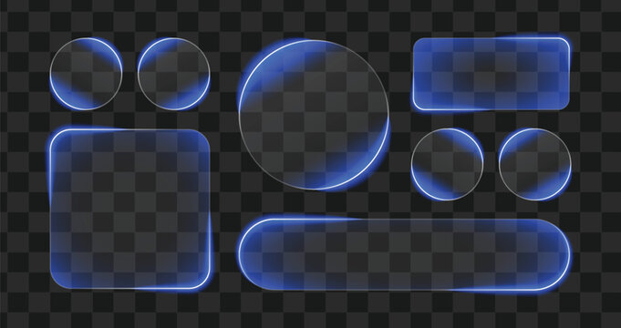 Liquid glass icon interface isolated on transparent background. Blue glass buttons light frame circle banner with glow stroke.