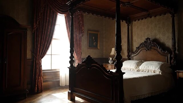Dark and Moody Bedroom with Four-Poster Bed and Bright Window.
