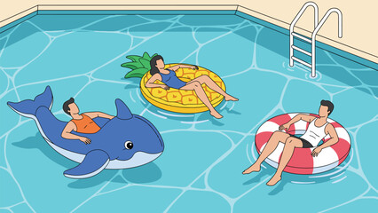 Naklejka premium Group of diverse people enjoy a sunny day at the swimming pool while floating on a pineapple, dolphin, and striped ring.